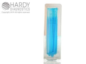 Blue plastic pipette tips in a clear container.