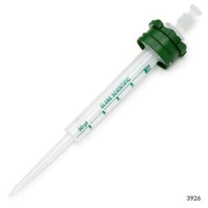 Close-up of a green-topped medical syringe.