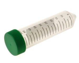 A clear plastic measuring cylinder with green cap and graduations.