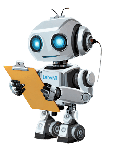 A friendly robot holding a clipboard and pen, ready to take notes.