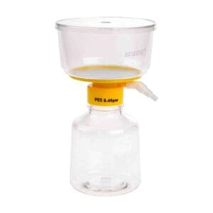 Laboratory vacuum filtration apparatus with funnel and collection bottle.
