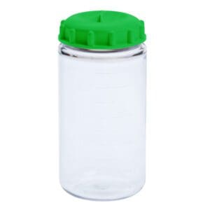 Clear plastic jar with a green screw-on lid.